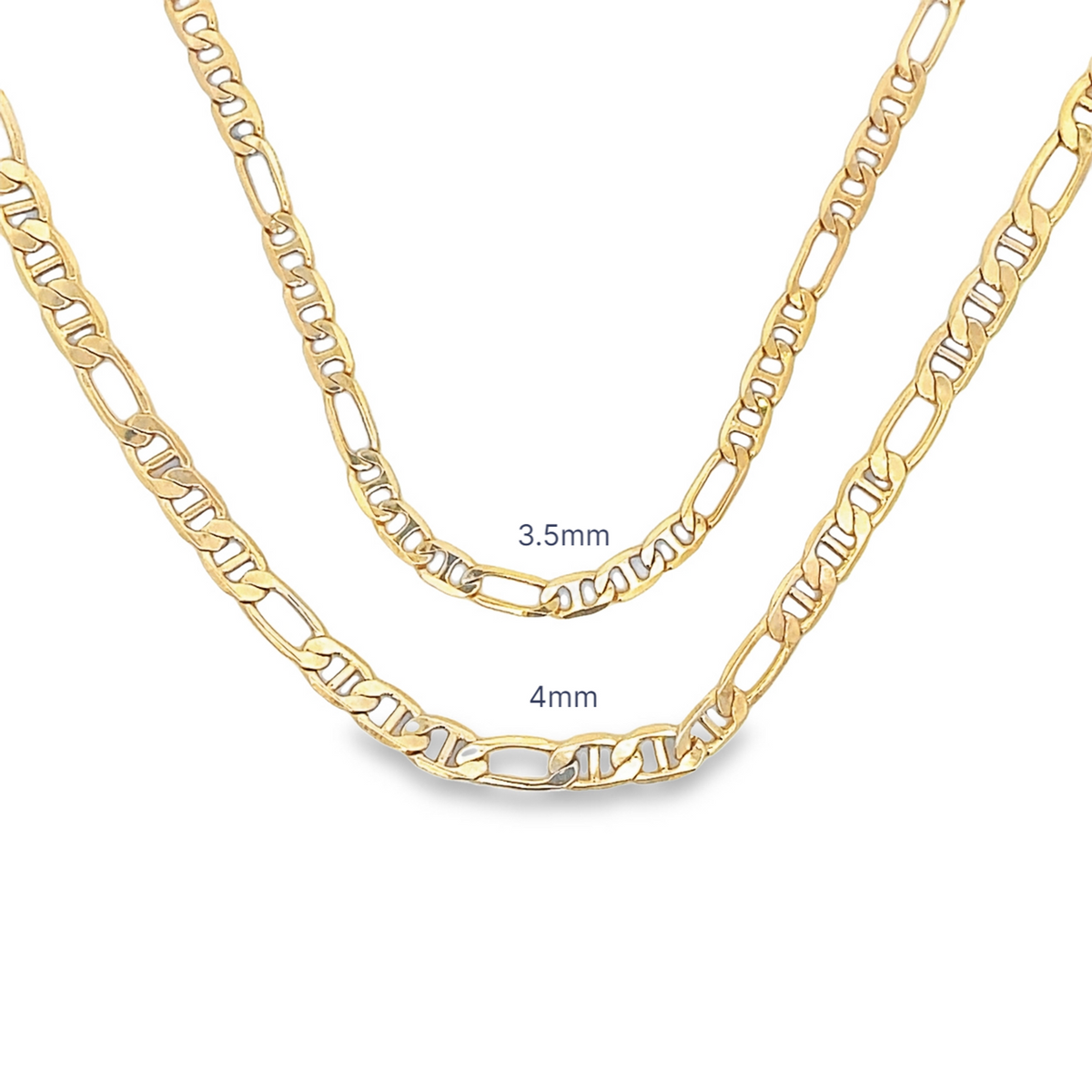 Two gold Figaro chain necklaces display their 3.5mm and 4mm widths against a plain white background.