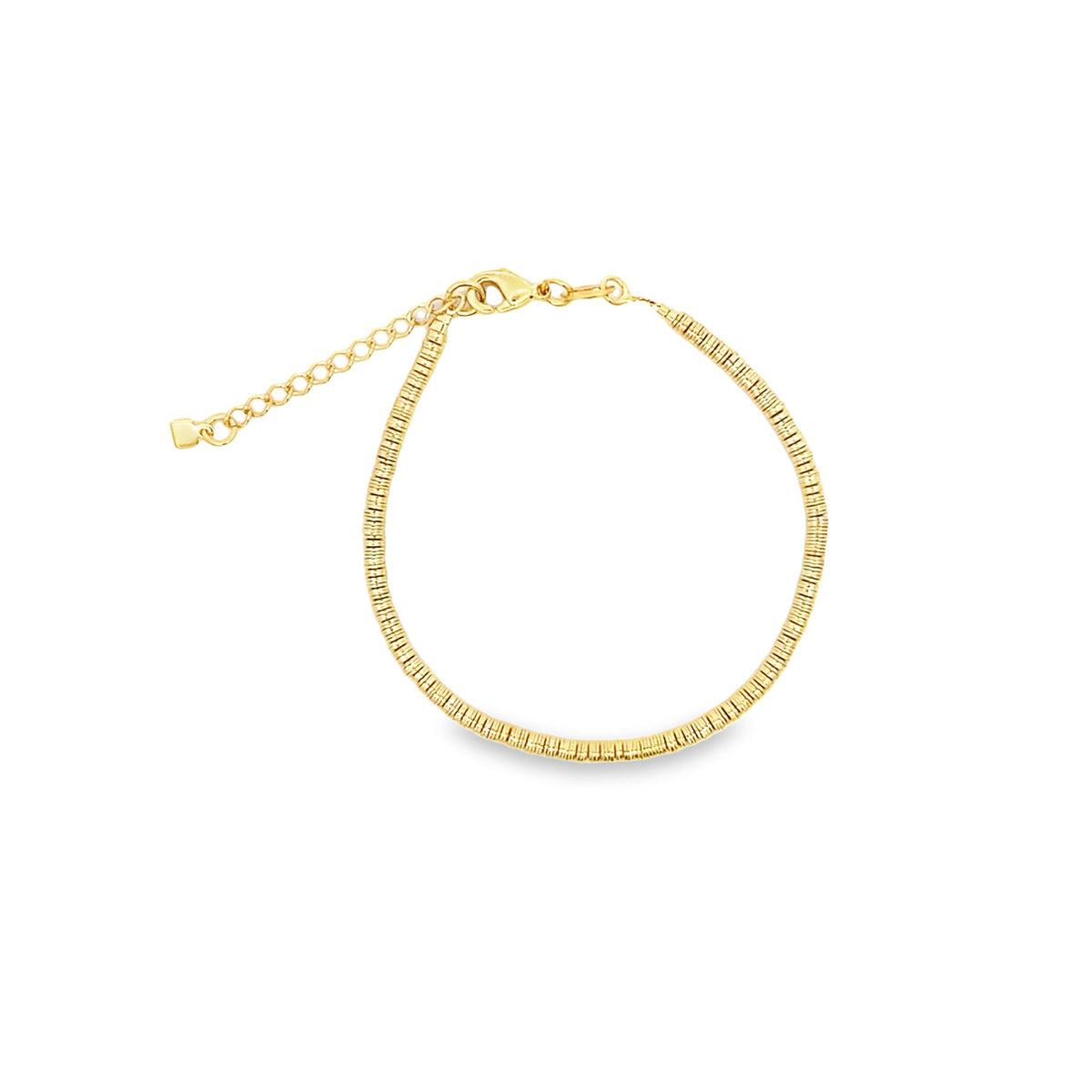 A delicate gold-plated bracelet with a textured chain and adjustable lobster clasp rests against a clean white background.