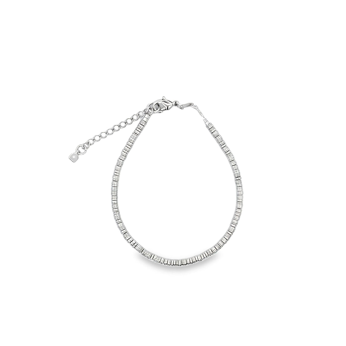 A sleek silver beaded bracelet displays a textured, link chain design against a clean white background.