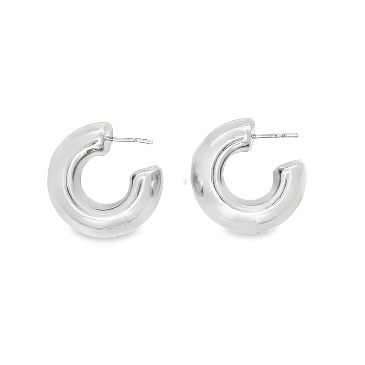 Two polished silver hoop earrings display a thick, chunky design against a clean white background.