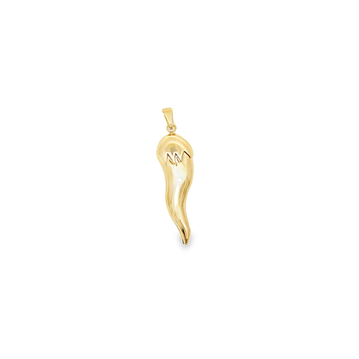 A gold Italian horn charm pendant hangs vertically against a clean white background.