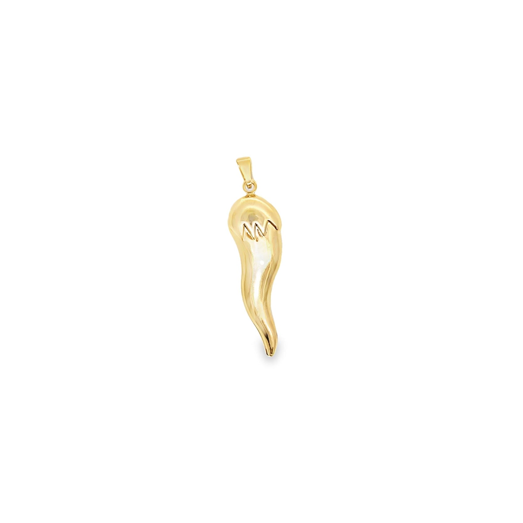 A gold Italian horn charm pendant hangs vertically against a clean white background.