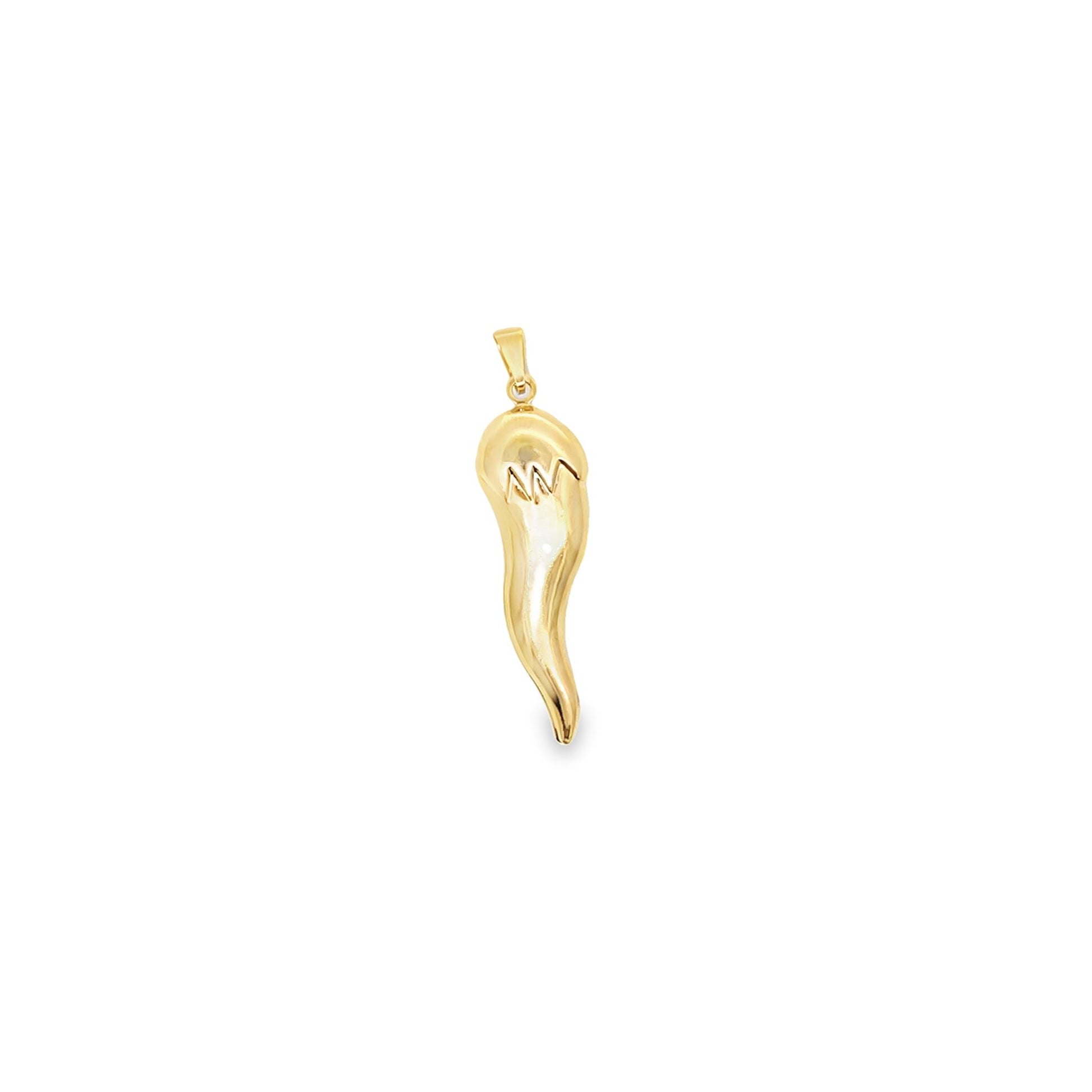 A gold Italian horn charm pendant hangs vertically against a clean white background.