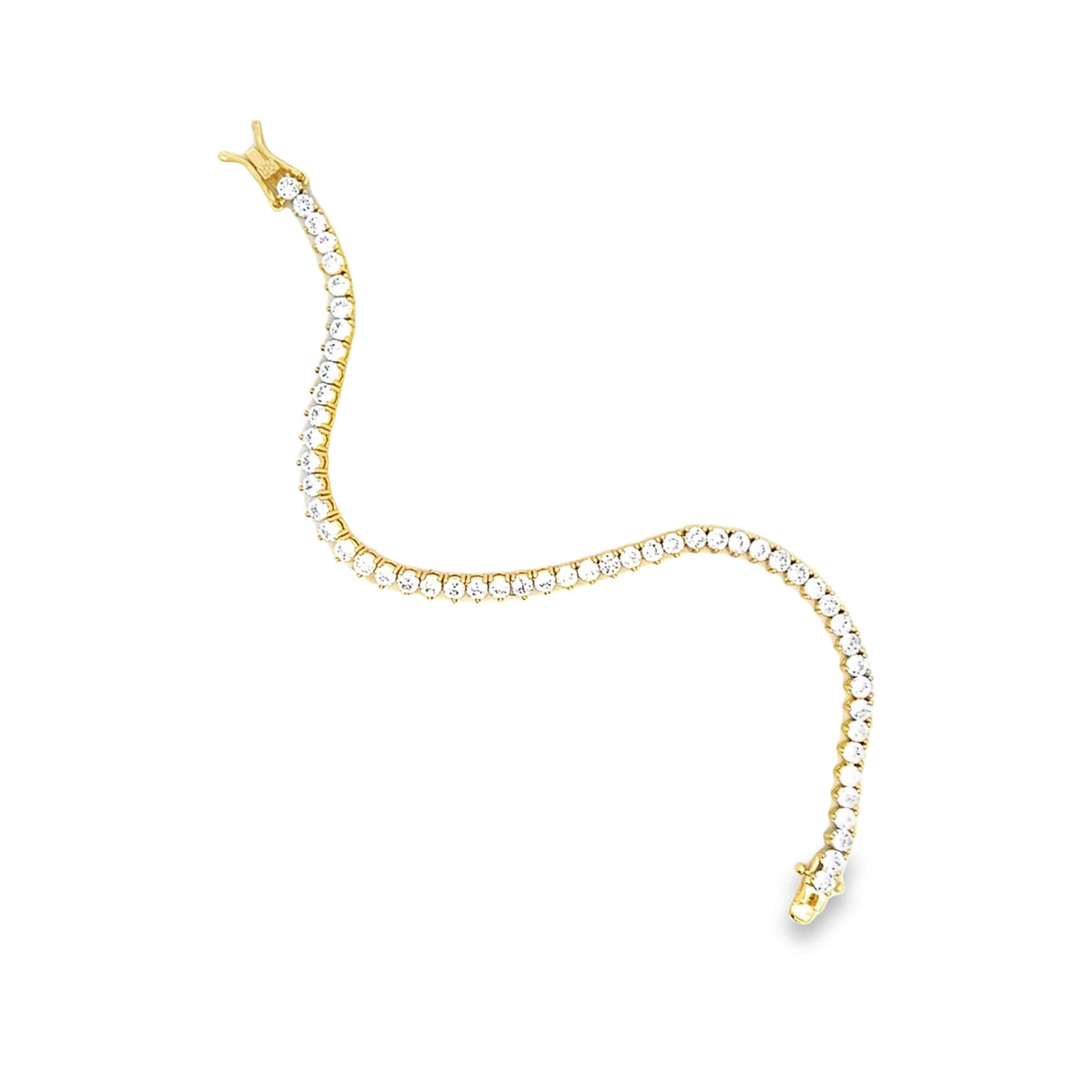 A gold tennis bracelet sparkles with round-cut cubic zirconia stones arranged in an elegant, wavy line against a clean white background.