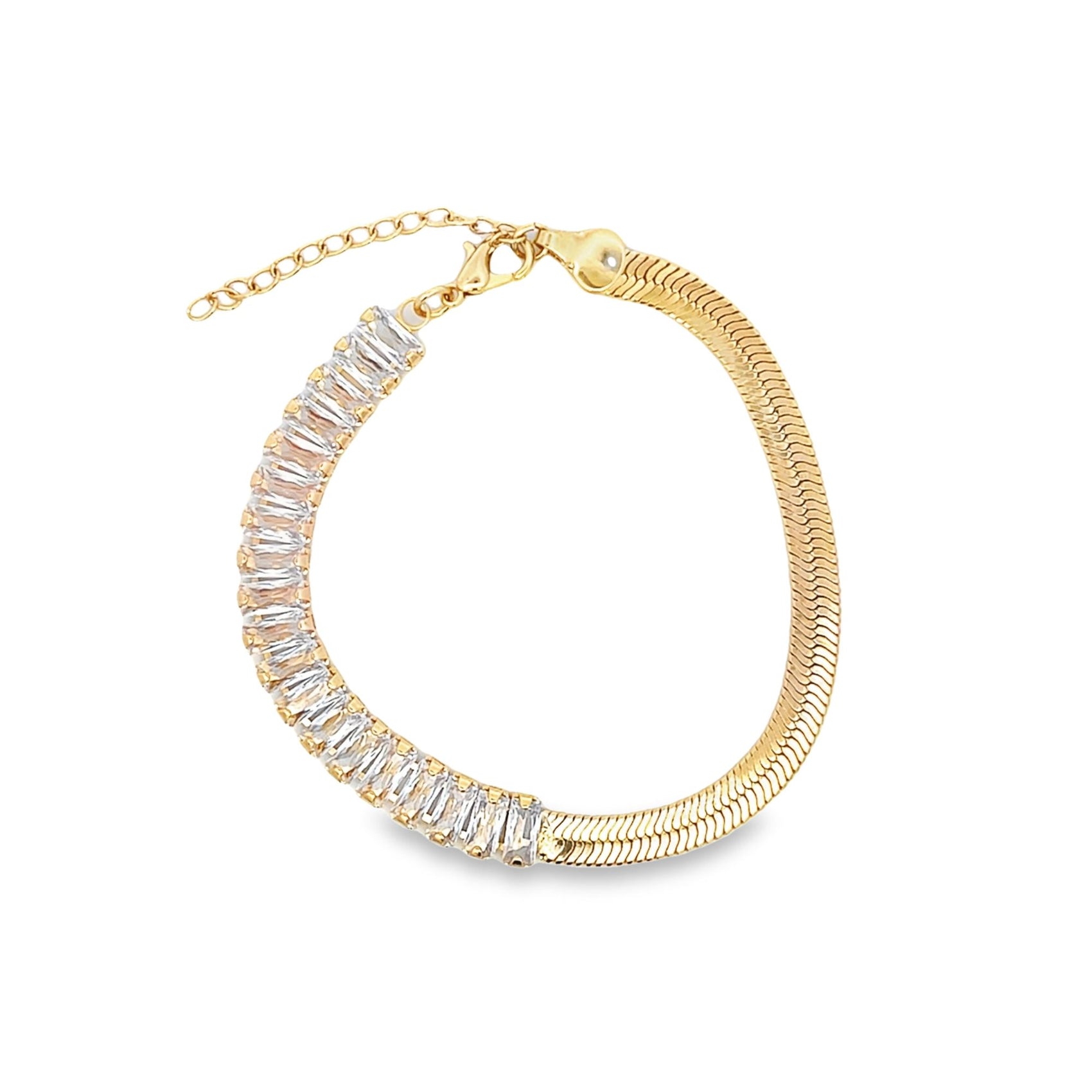 A gold half-chain and half-crystal tennis bracelet showcases a polished herringbone chain connected to a row of sparkling baguette cubic zirconia stones.