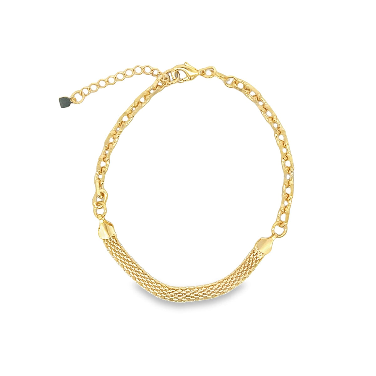 A delicate gold chain bracelet features a textured mesh center section and an adjustable clasp against a plain white background.