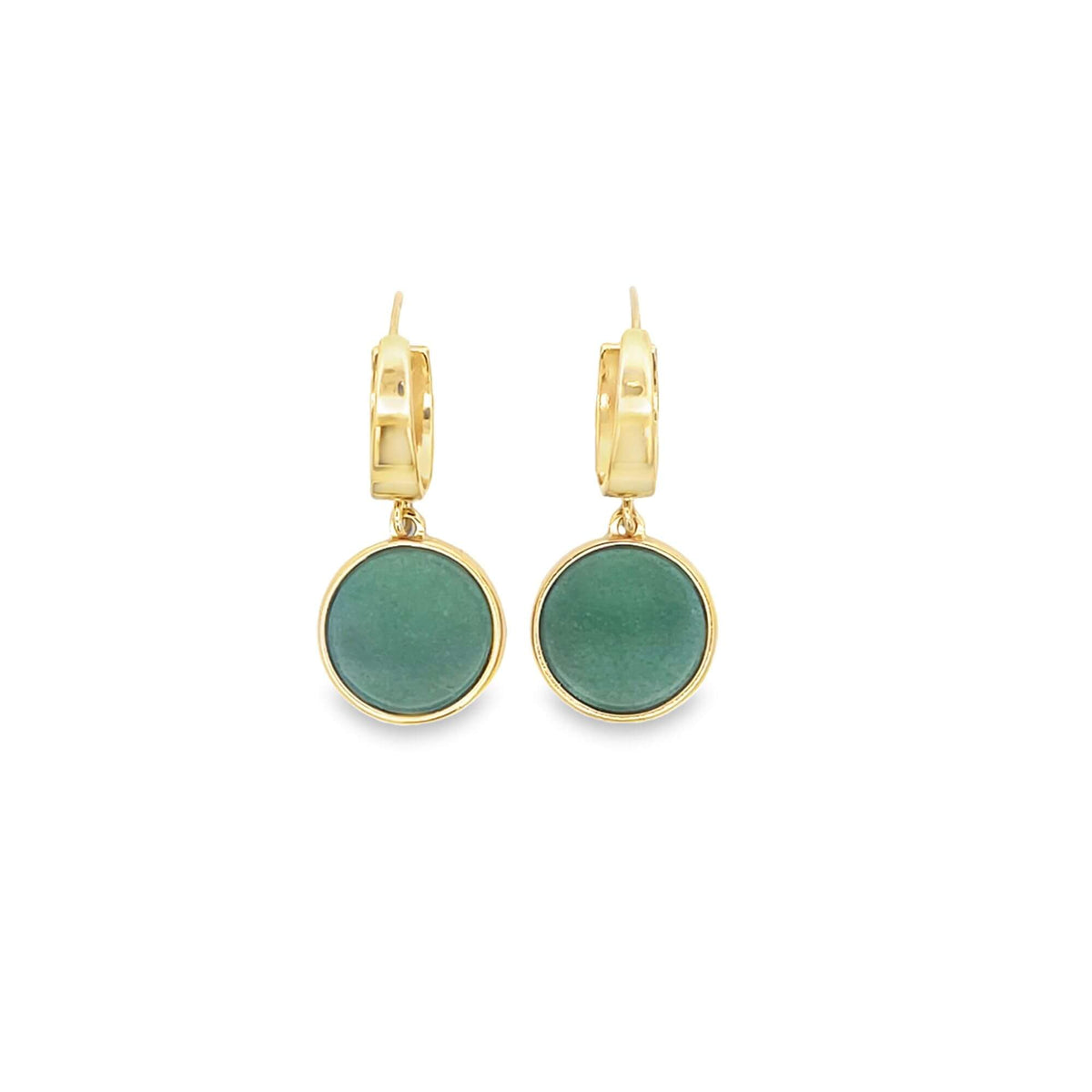A pair of elegant gold hoop earrings features hanging round green jade stone pendants against a clean white background.