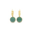 A pair of elegant gold hoop earrings features hanging round green jade stone pendants against a clean white background.
