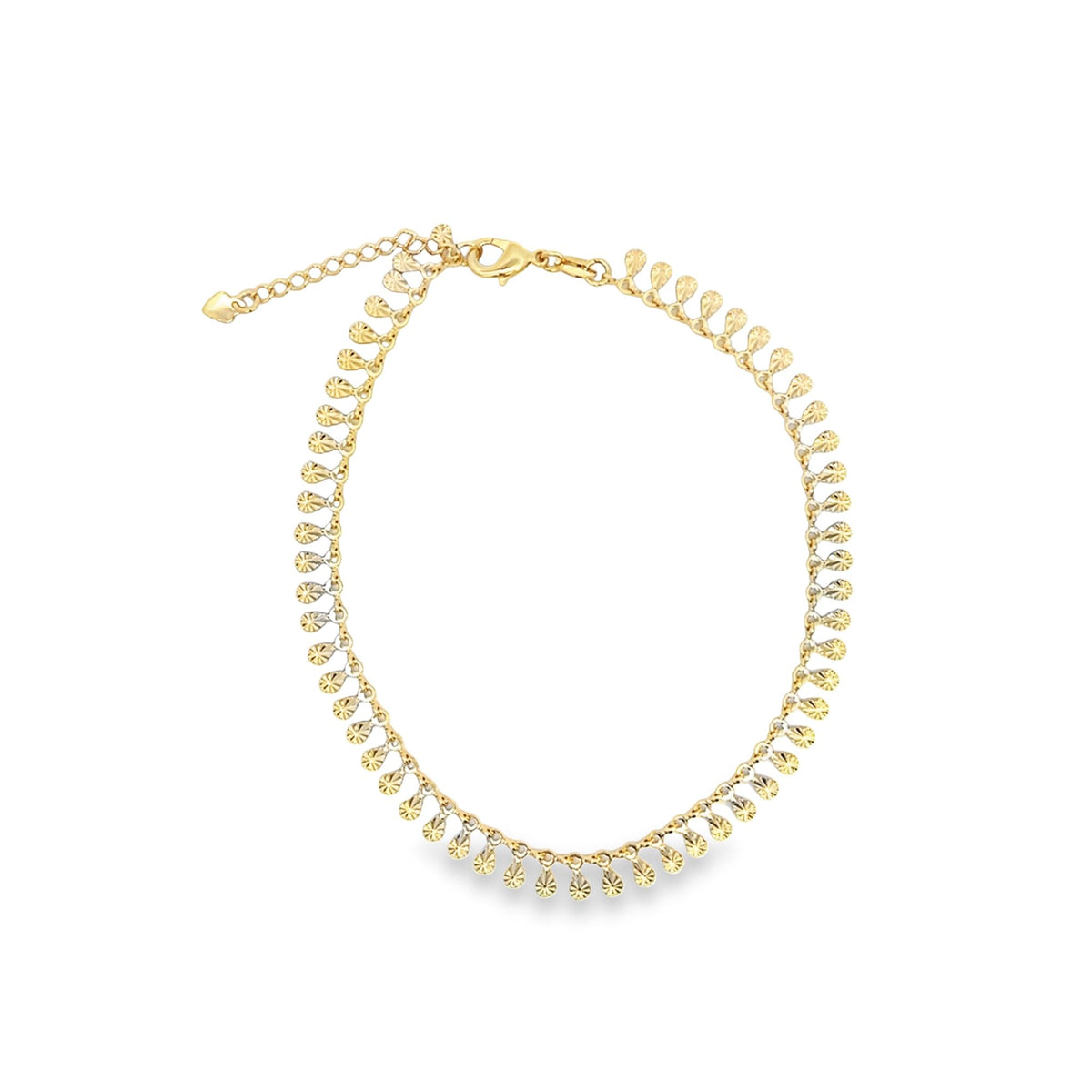 A delicate gold chain bracelet features hanging textured teardrop charms and a secure lobster clasp.