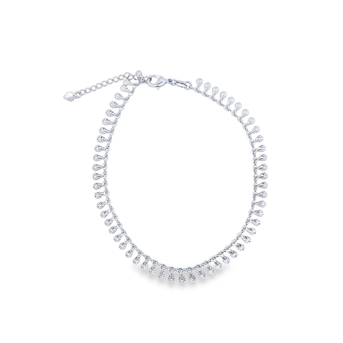 A delicate silver anklet featuring dangling teardrop charms displays its sparkling design against a clean white background.