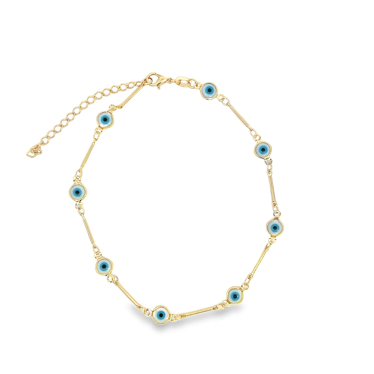 A gold evil eye anklet features alternating blue and white glass beads connected by delicate metal bars and an adjustable chain.