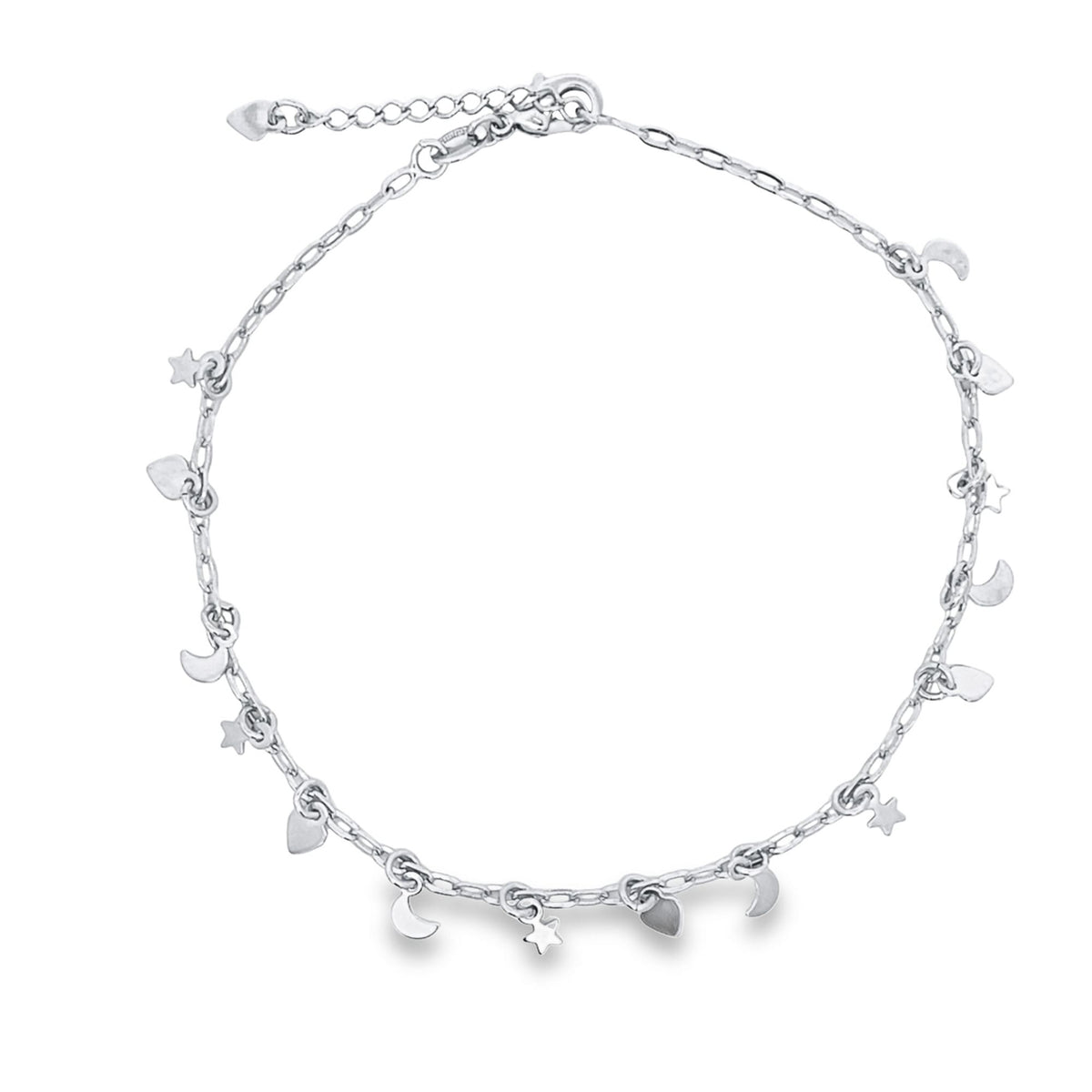 A delicate sterling silver chain anklet features dangling star, moon, and heart charms against a plain white background.