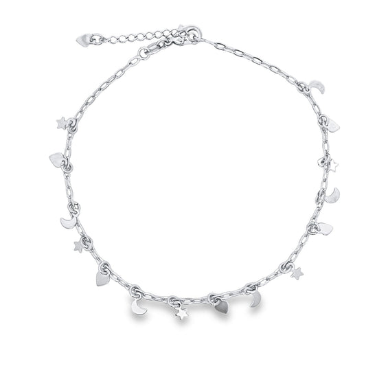A sterling silver charm anklet features dangling celestial stars, moons, and hearts along a delicate link chain against a white background.