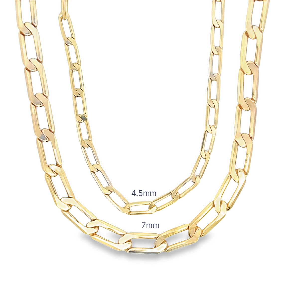 Two gold paperclip chain necklaces of 4.5mm and 7mm thicknesses hang against a white background.
