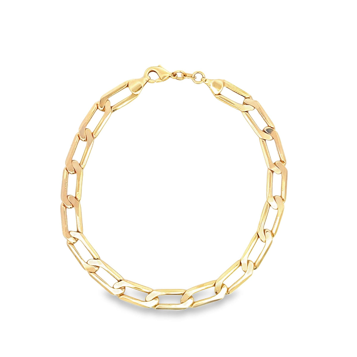 A polished gold link chain necklace lies in a circular shape against a clean white background.