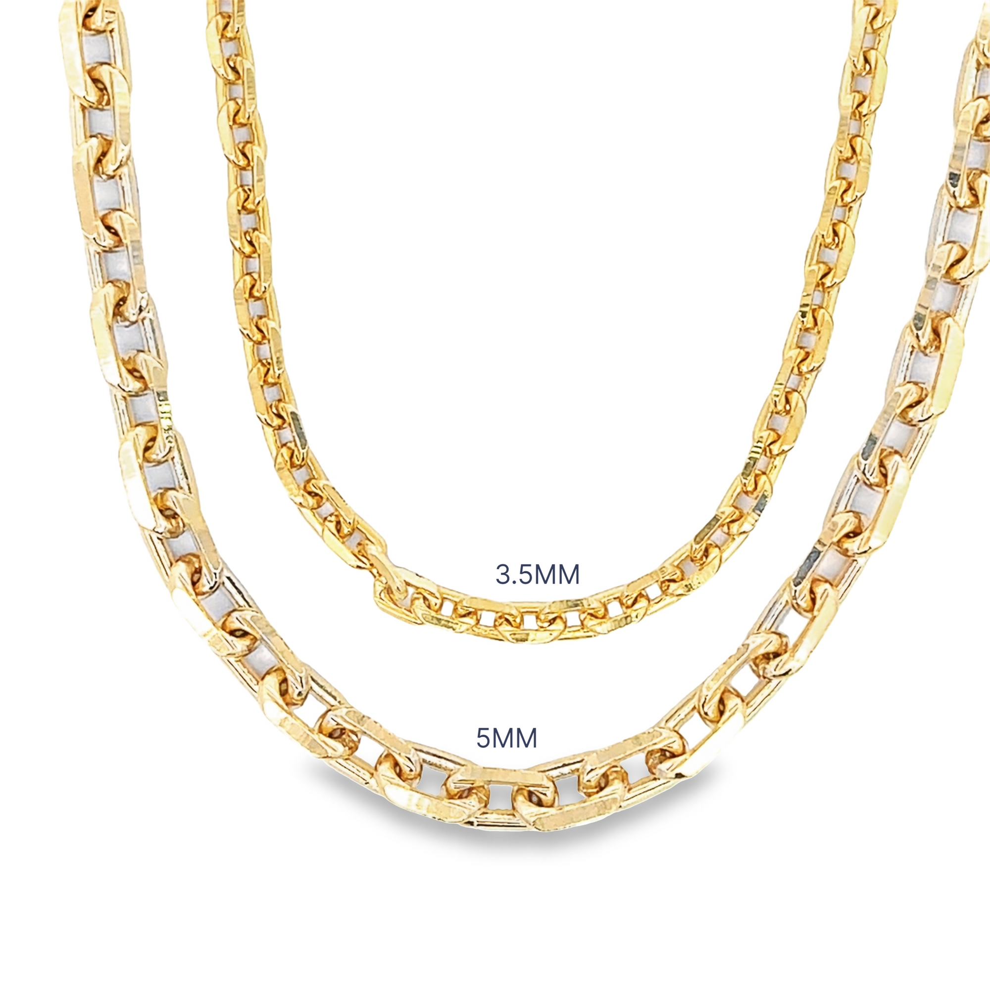 Two shiny gold link chains in 3.5mm and 5mm widths are displayed against a plain background.