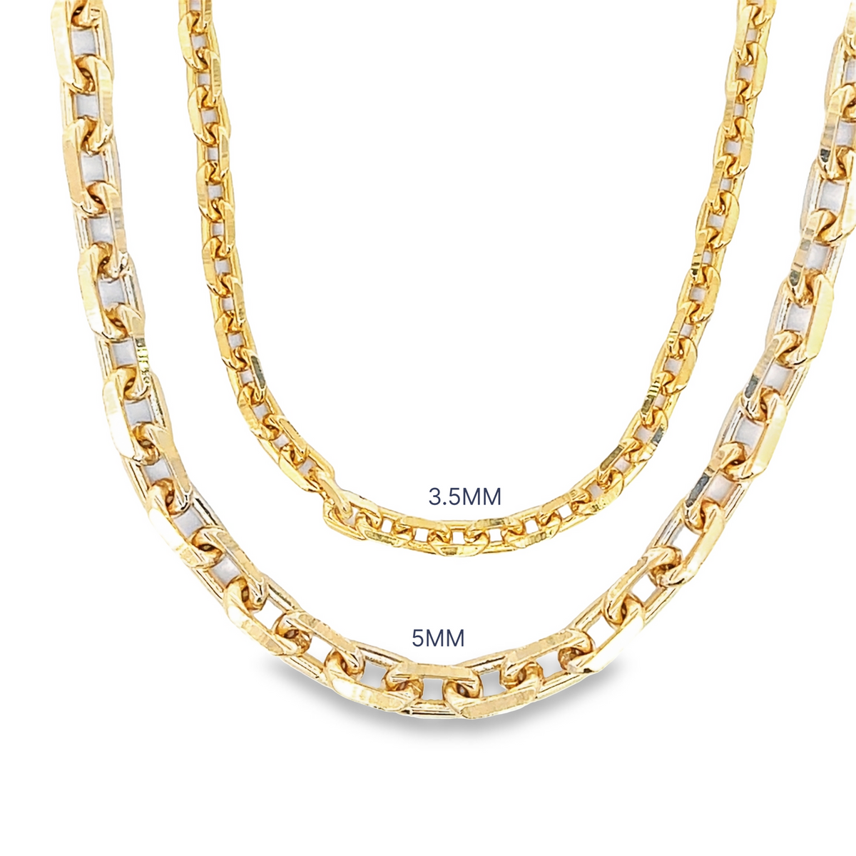 Two shiny gold link chains in 3.5mm and 5mm widths are displayed against a plain background.