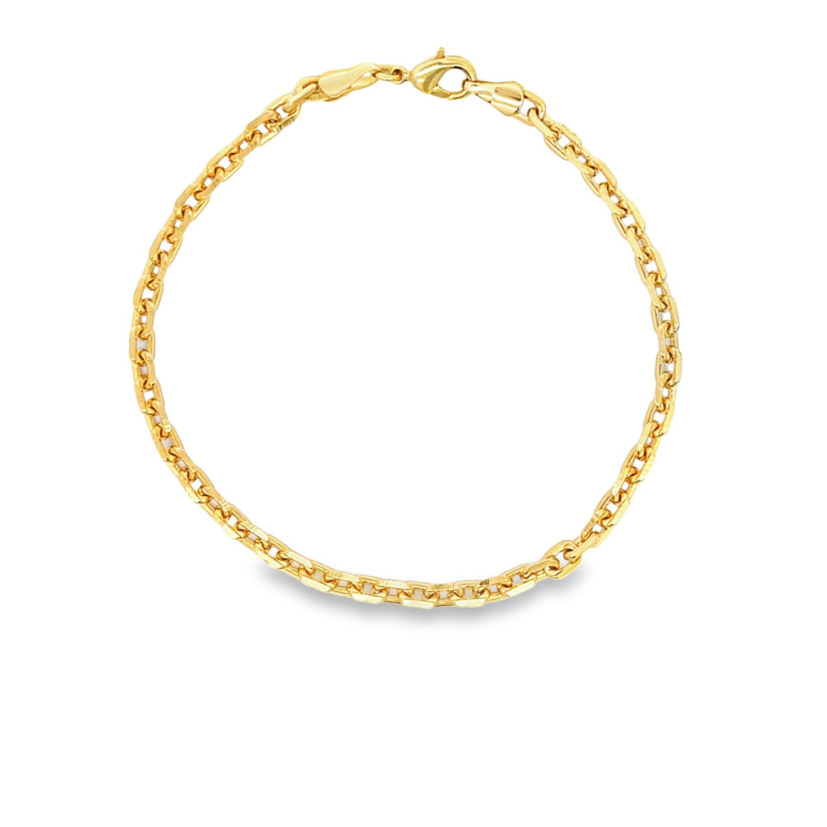 A delicate gold chain bracelet is displayed in a neat circle on a clean white background.