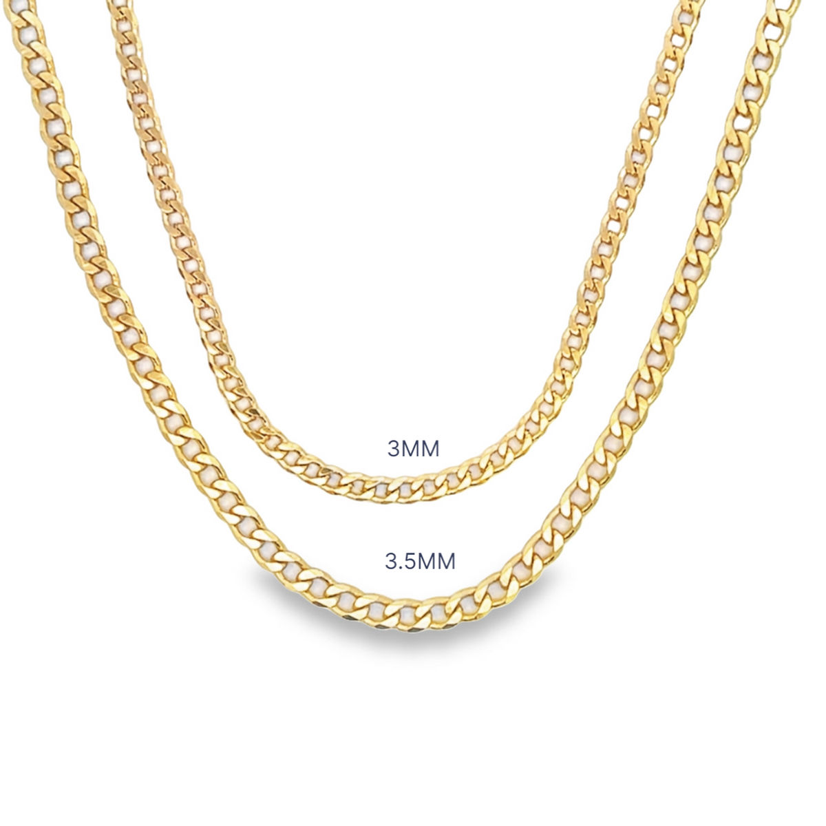 Two gold cuban link chains display size comparisons with 3MM and 3.5MM labels against a white background.