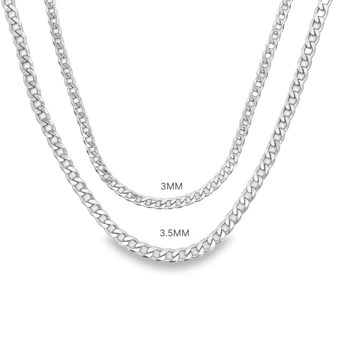 Two silver curb chain necklaces of 3mm and 3.5mm thickness are displayed side-by-side on a clean white background.