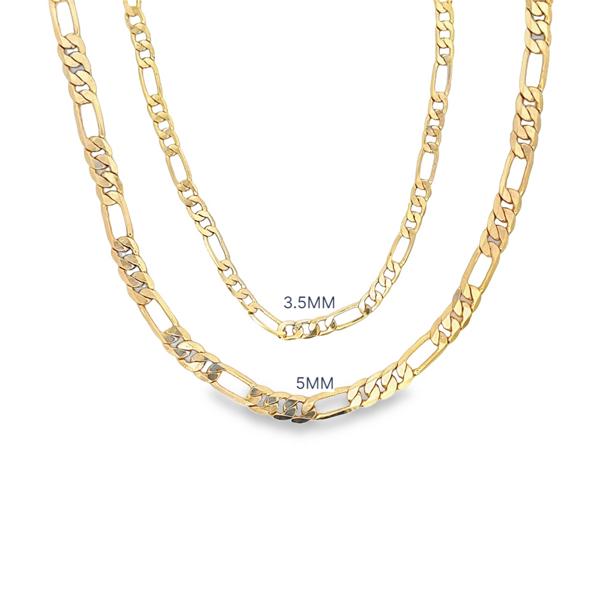 Two gold Figaro chain necklaces display their 3.5mm and 5mm widths against a clean white background.