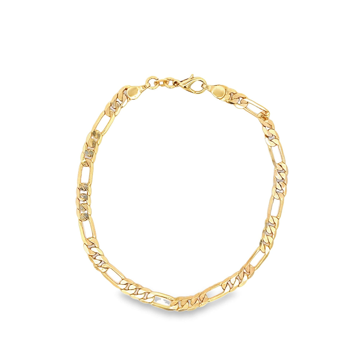 A sleek gold Figaro chain bracelet rests against a clean white background, showcasing its classic alternating link design.