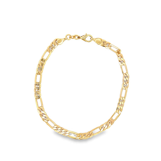 A sleek gold Figaro chain bracelet rests against a clean white background, showcasing its classic alternating link design.