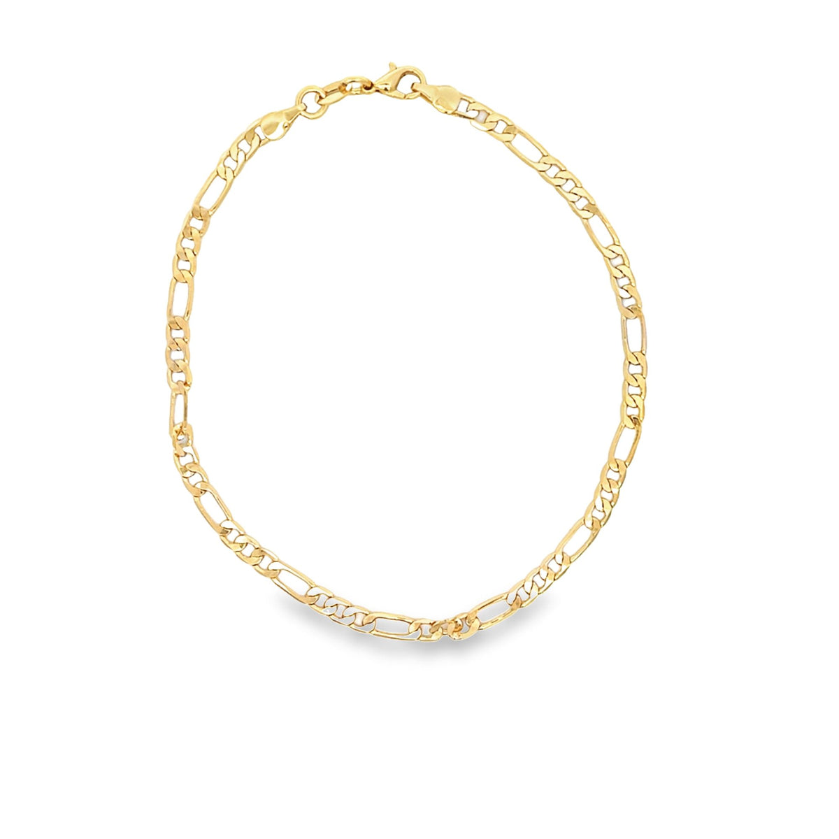 A classic gold figaro chain necklace displays its distinctive alternating link pattern against a clean white background.