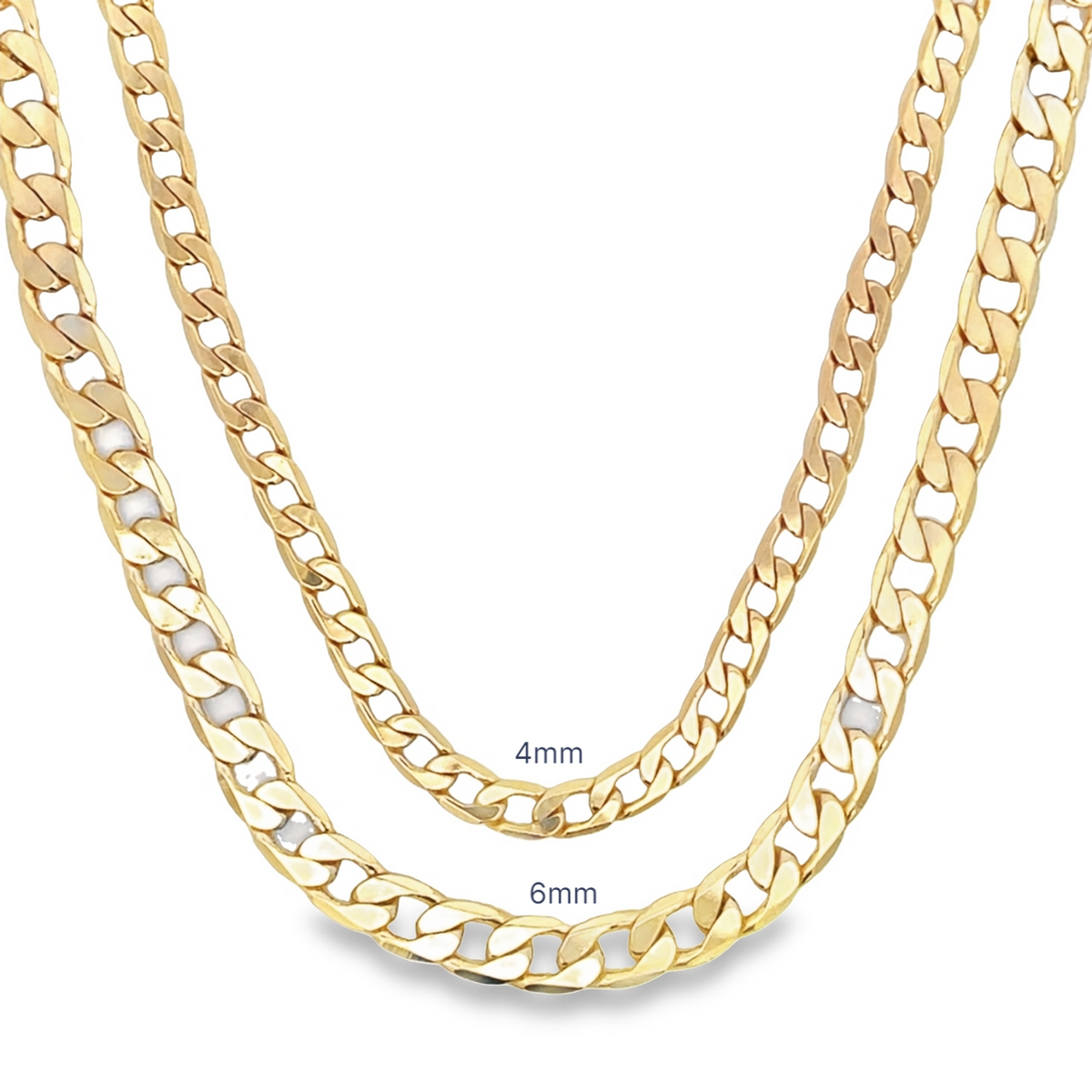 Two gold cuban link chains display a visual comparison between a 4mm and a 6mm width.