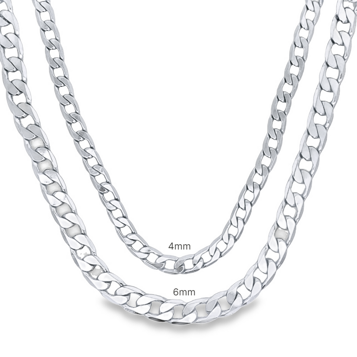 Two silver curb chain necklaces, measuring 4mm and 6mm in thickness, hang against a clean white background.