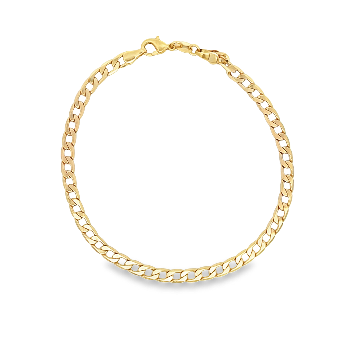 A polished gold cuban link chain bracelet rests against a clean white background.