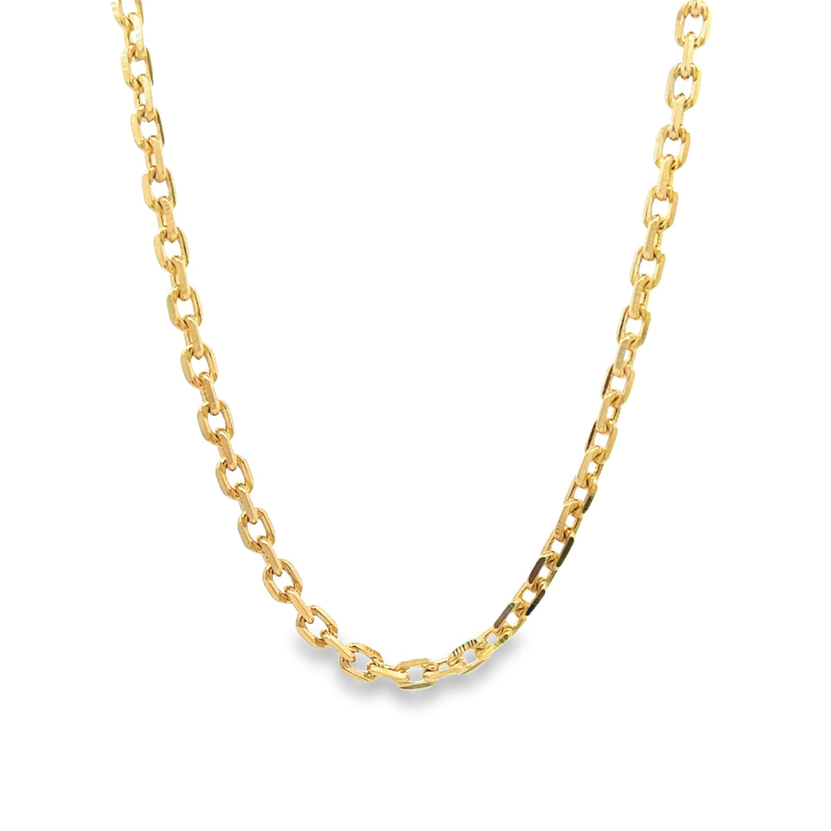 A sleek gold link chain necklace drapes gracefully against a plain white background.