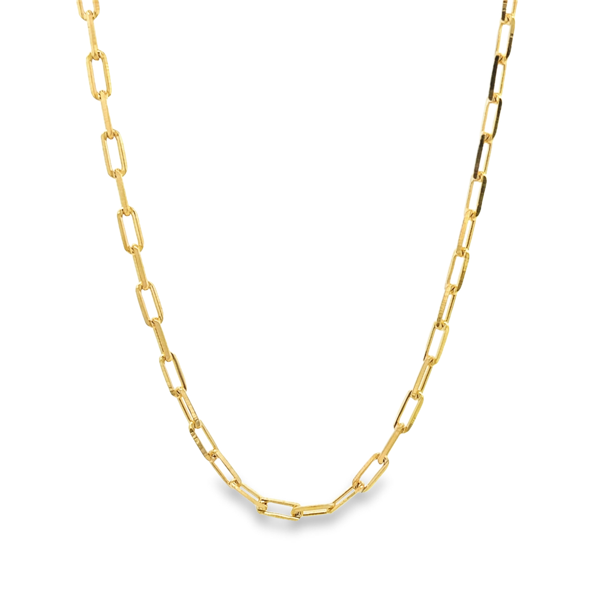 A gleaming gold paperclip chain necklace drapes gracefully against a clean white background.