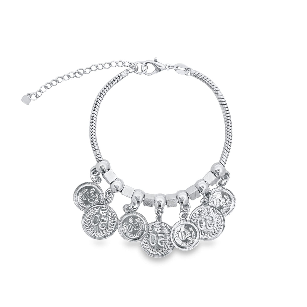 A sterling silver charm bracelet features dangling coin charms and an adjustable chain against a plain white background.