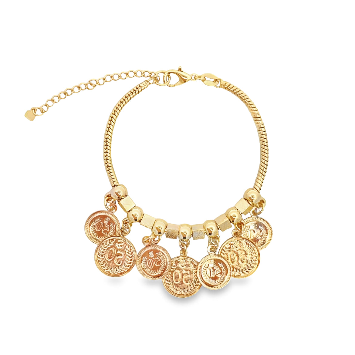 A polished gold coin charm bracelet features dangling coin charms and an adjustable chain against a white background.