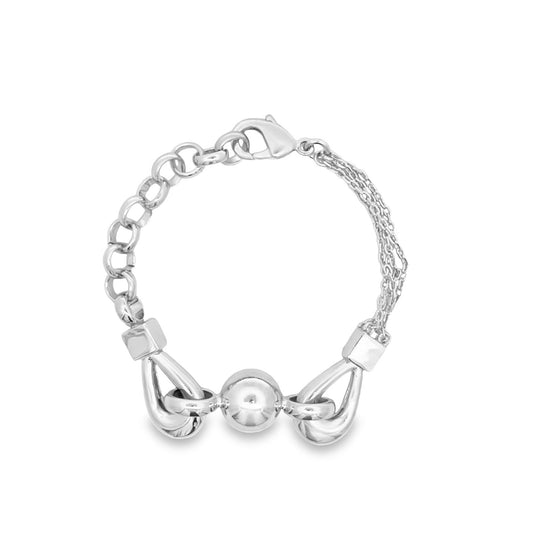 A modern silver charm bracelet features a central polished sphere flanked by stylized loops and delicate multi-strand chains.