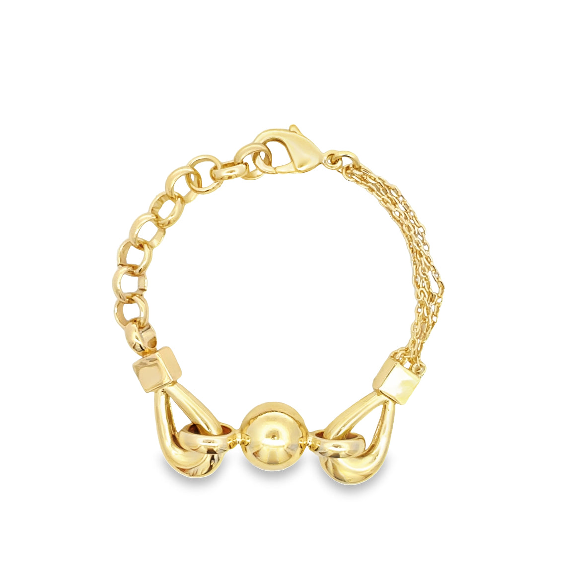 A sleek gold charm bracelet features a central polished sphere flanked by stylized loops and a delicate multi-strand chain design.
