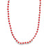 A vibrant red beaded necklace features alternating silver spacer beads along its length.