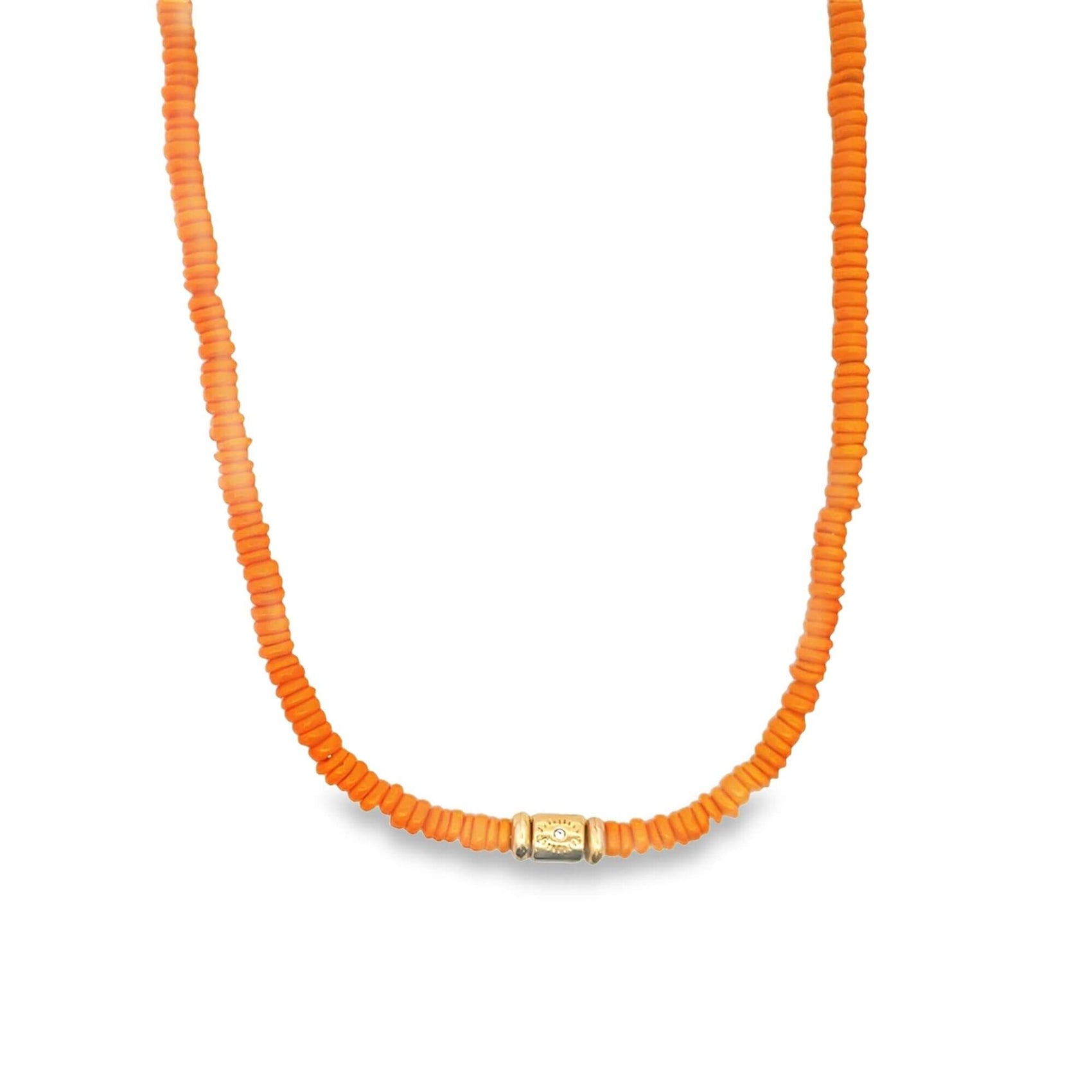 A bright orange beaded choker necklace features a central gold charm against a plain white background.