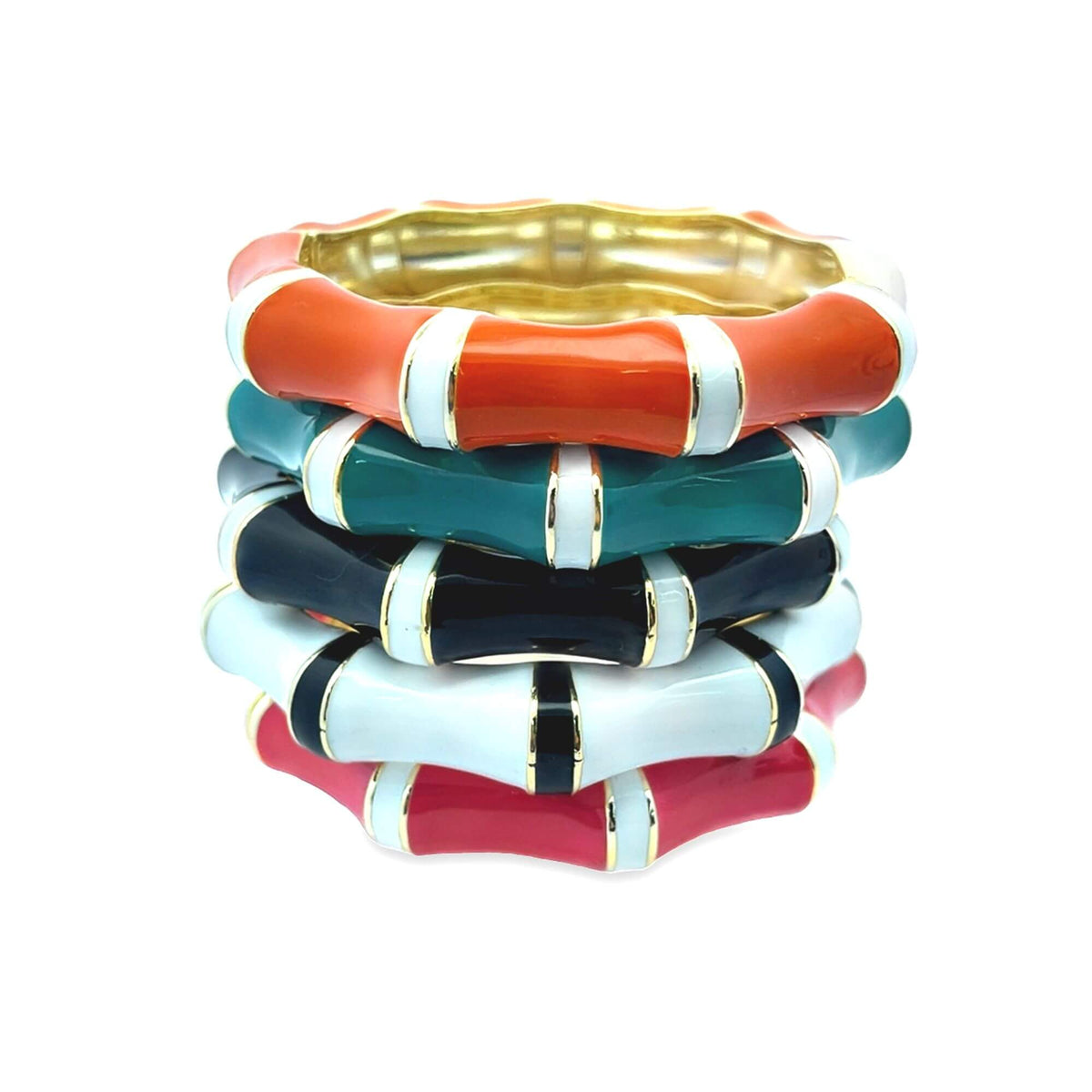 A vibrant stack of colorful enamel bamboo-style bangles features orange, green, black, white, and pink bracelets accented with gold trim.