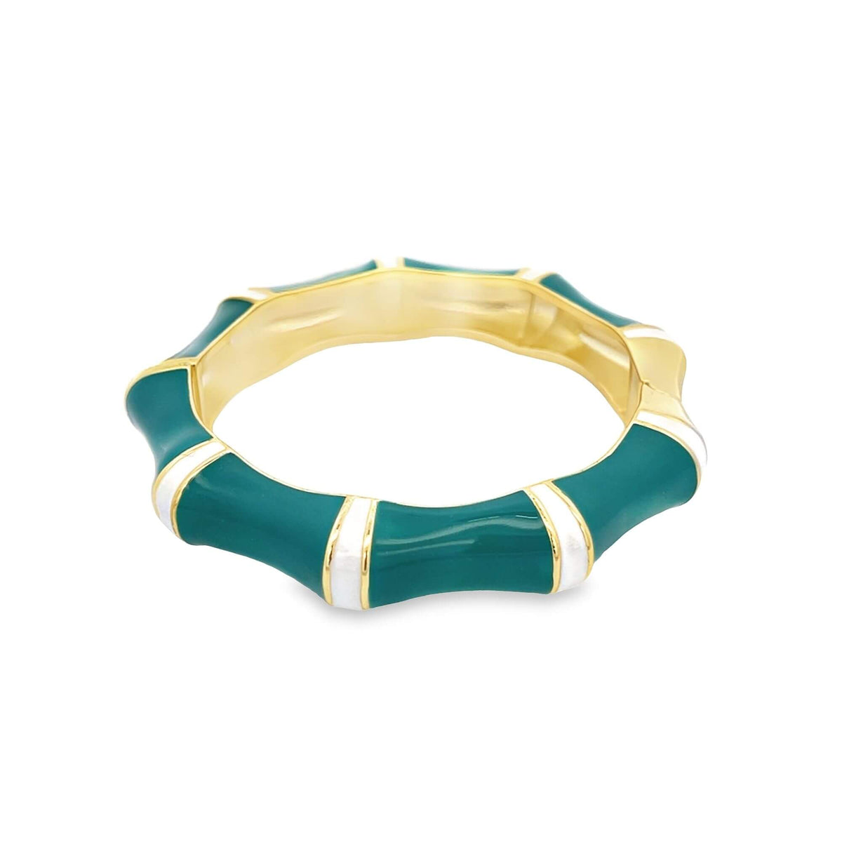 A gold bangle bracelet features a segmented bamboo design with alternating green and white enamel panels against a clean white background.