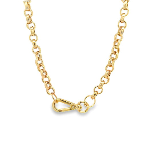 A shiny gold rolo chain necklace features a sturdy lobster claw clasp hanging against a plain white background.