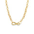 A shiny gold rolo chain necklace features a sturdy lobster claw clasp hanging against a plain white background.