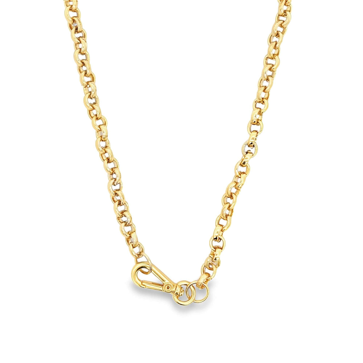 A thick gold rolo chain necklace features a secure spring-ring clasp hanging against a plain white background.
