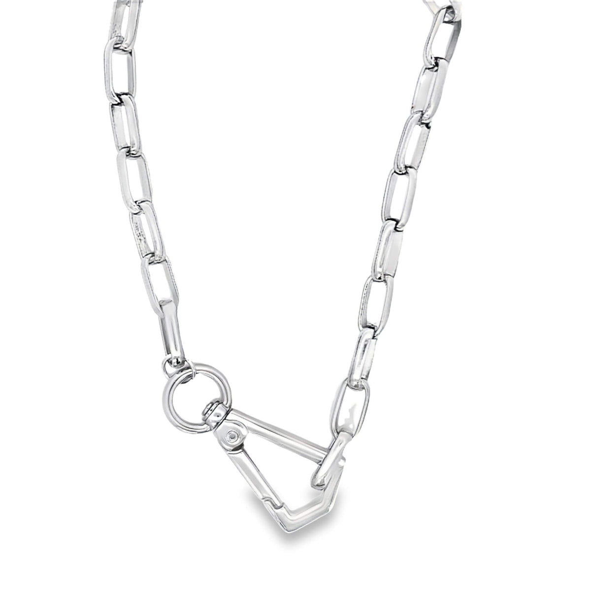 A sleek silver paperclip link necklace features a bold carabiner clasp hanging centrally.
