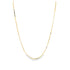 A delicate gold chain necklace with alternating round beads and rectangular links hangs against a clean white background.
