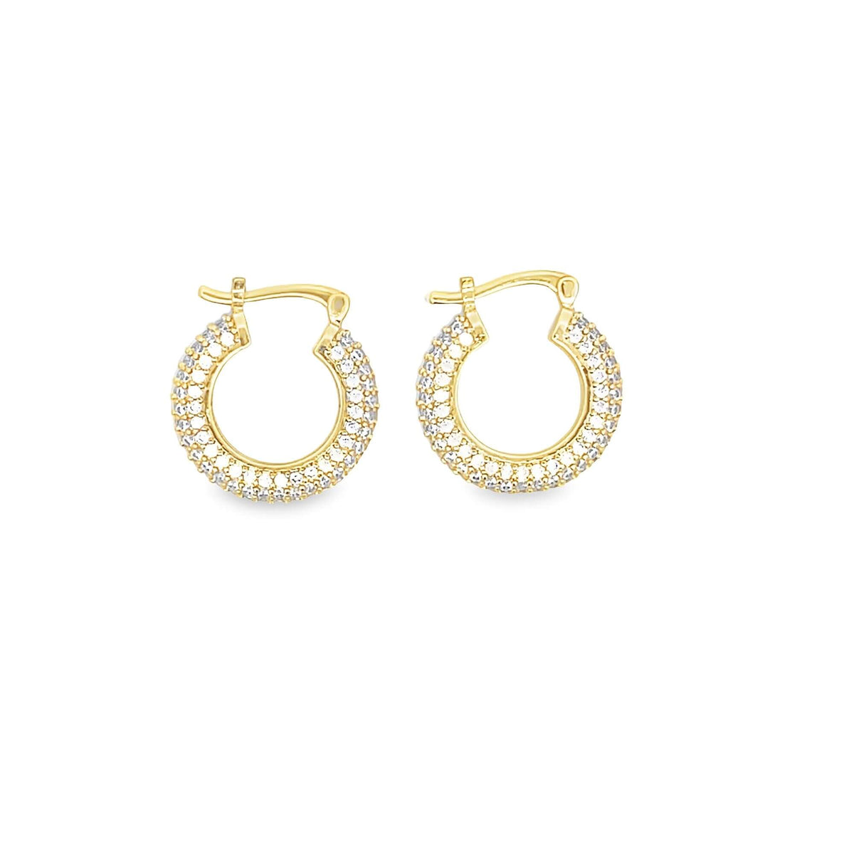 A pair of gold huggie hoop earrings encrusted with sparkling cubic zirconia stones display their classic hinged design on a clean white background.
