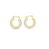 A pair of gold huggie hoop earrings encrusted with sparkling cubic zirconia stones display their classic hinged design on a clean white background.