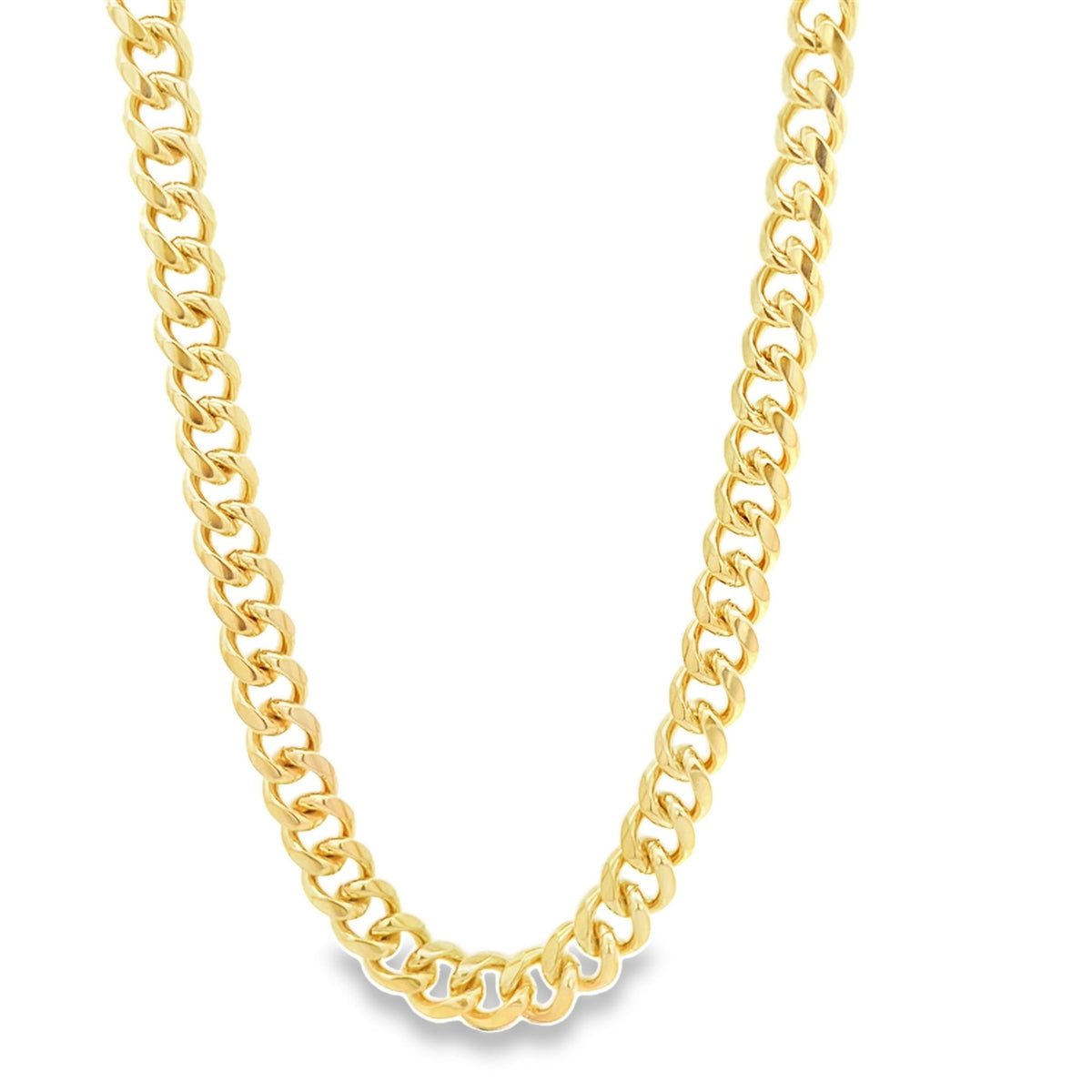 A thick, polished gold cuban link chain rests against a clean white background.