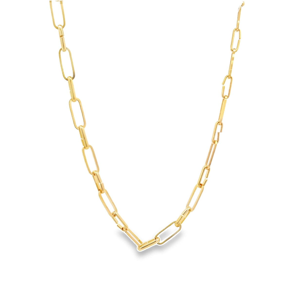 A bold gold paperclip chain necklace displays its interlocking rectangular links against a white background.